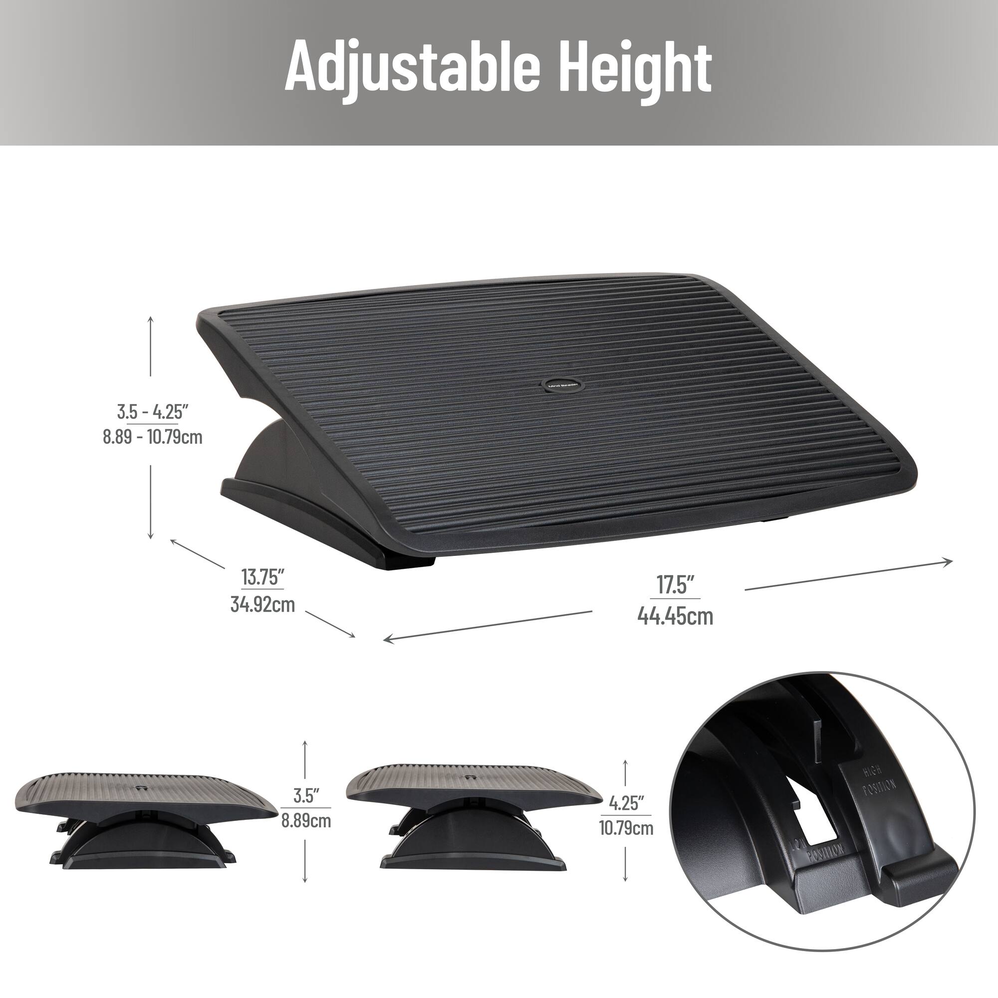 Mind Reader Foot Rest, Under Desk at Work, Ergonomic, Height Adjustable, Office, Plastic, Black